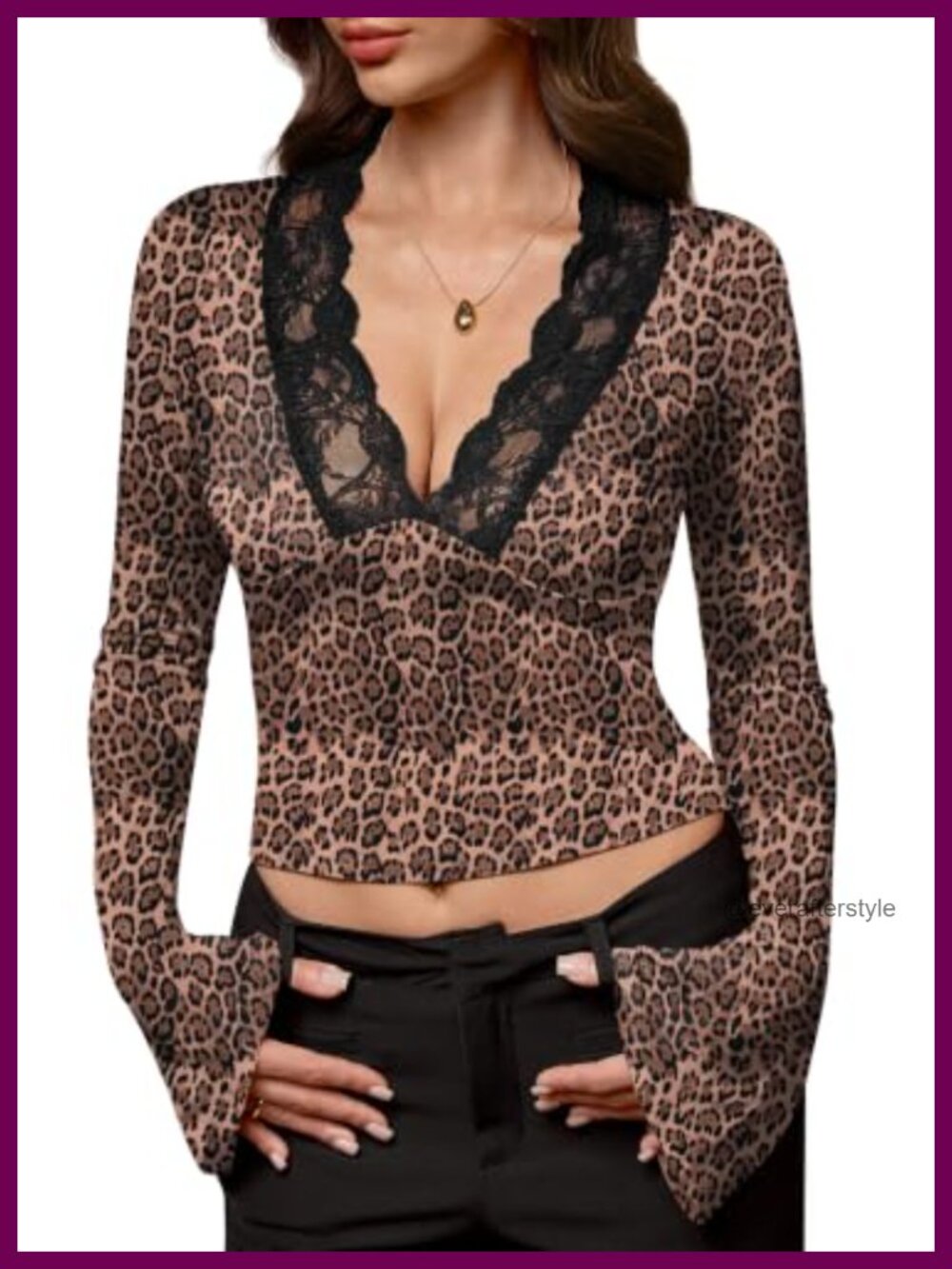 Lace Trim Low Cut V Neck Bell Sleeve Crop Top Blouse